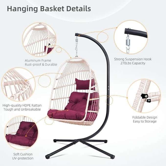 Outdoor Egg Hanging Chair with Stand, Patio Wicker Swing Egg Chair Indoor Swinging Chair Outdoor Hammock Egg Chair. Rose red