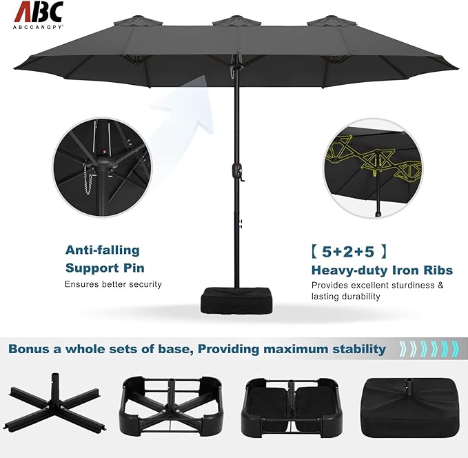 ABCCANOPY 15FT Patio Umbrella with Base, Outdoor Double-Sided Rectangle Umbrella Bonus Latch, Wights for Poolside, Lawn, Backyard (Dark Gray)