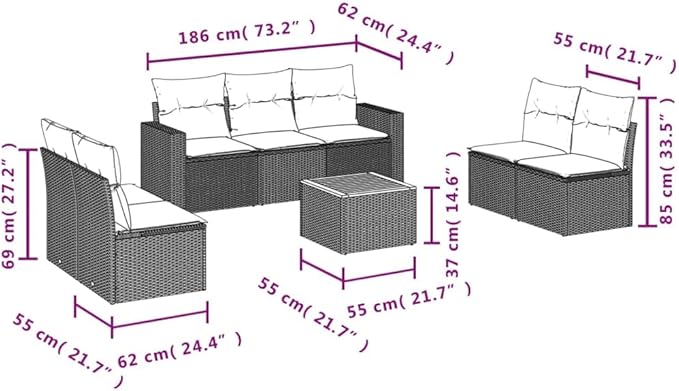vidaXL Patio Sofa Set with Cushions 8 Piece, Outdoor Conversation Set, Patio Furniture Set for Balcony Garden, Modern Style, Gray Poly Rattan