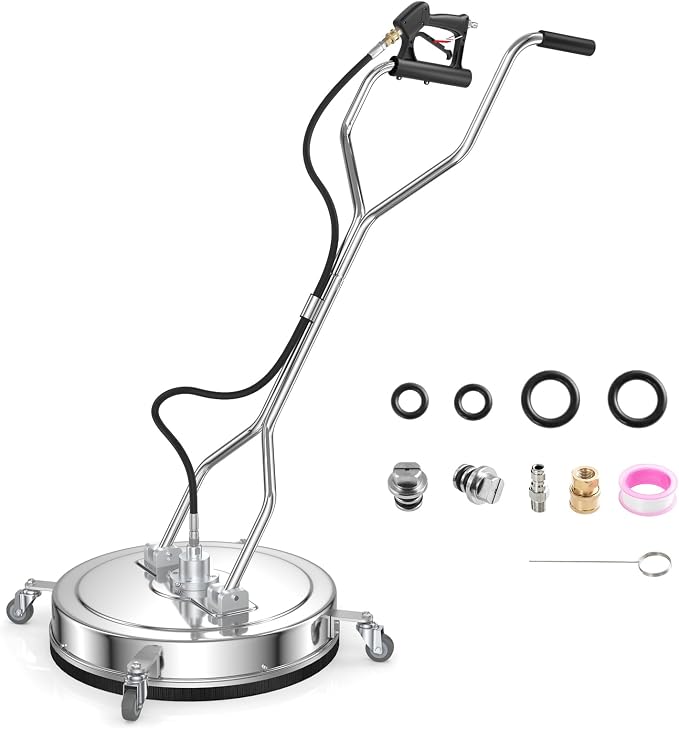 COSTWAY 20" Pressure Washer Surface Cleaner, Stainless Steel Power Cleaner Attachment with Casters, Dual Handles, 3/8'' Quick-Connect, Replacement Nozzle Cores & 2 Hose Adapters, 4000 PSI