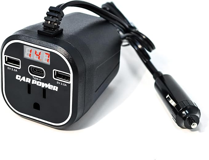 FAMIDGE 200W Car Power Inverter, Car Inverter 12v to 110v, Car Outlet Adapter with Dual USB and Type-C, Car Outlet Adapter for Plug Outlet, Laptop, White
