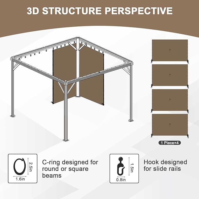 Aoodor 12x12 ft Outdoor Gazebo Curtains, 4 Panels Waterproof Privacy Sidewall Replacement with Zipper for Patio Pergola and Canopy, Light Coffee