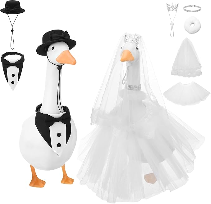 Wedding Porch Goose Outfit Set Bride Groom Costume | Includes Crown Veil Bow Tie Petticoat Collar Necklace Ideal for 23 Inch Outdoor Geese Couple Decor