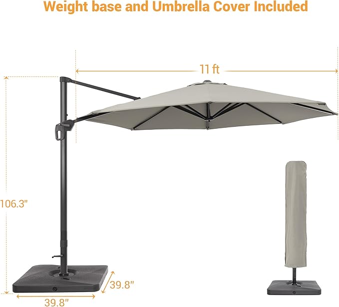 FLAME&SHADE 11 ft Cantilever Offset Patio Umbrella, Large Heavy Duty Outdoor Patio Umbrella Aluminum 360° Rotation Round Outdoor Umbrella for Deck,Pool,Backyard