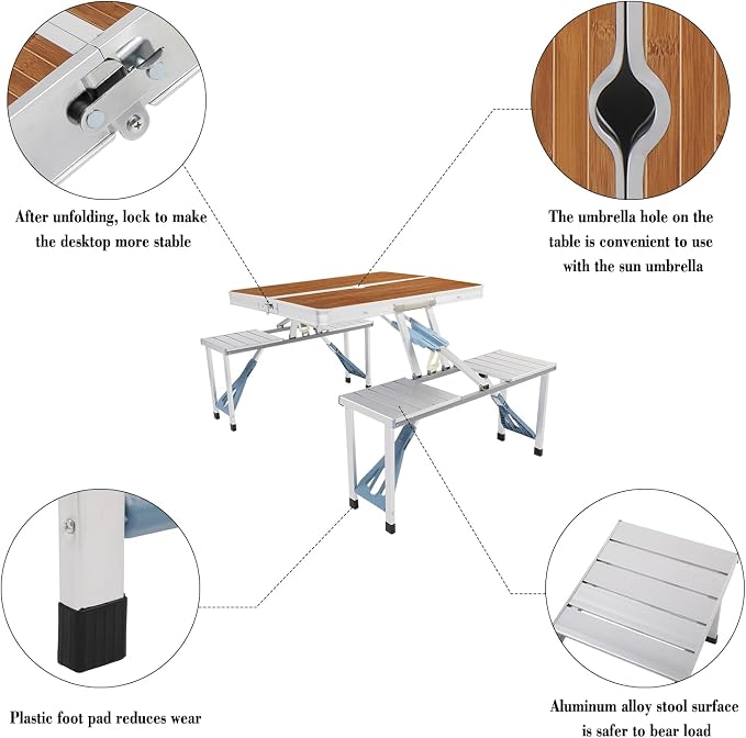 Picnic Table,Folding Picnic Table with Umbrella Hole, Aluminum Suitcase Portable Outdoor Table with Bench, Patio, Porch or Camping Table and Chair Set (Wood Color, Aluminum Alloy)