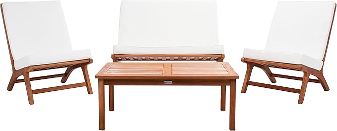 SAFAVIEH Outdoor Collection Chaston Natural Wood/Beige Cushion 4-Piece Conversation Patio Set