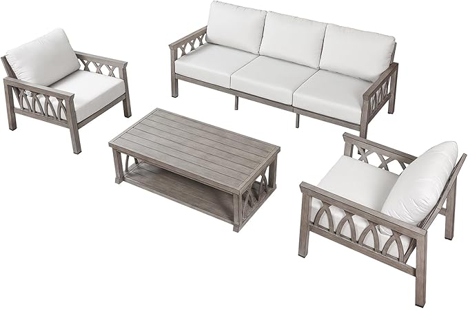 Aluminum Outdoor Patio Furniture Set, 4-Piece Outdoor Sofa Set with 3-Seat Sofa, 2 Armchairs & Coffee Table, Outdside Sofa Set Patio Conversation Set with Cushions for Deck, Balcony, Limed Oak