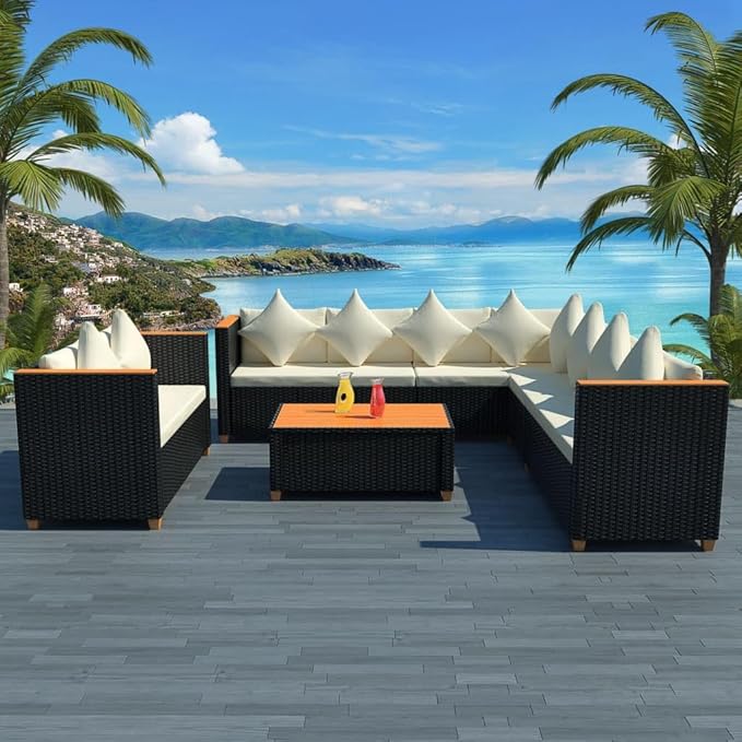 6 Piece Patio Lounge Set with Cushions, Patio Conversation Set Porch Furniture Set Outdoor Dining Sets Front Porch Furniture for Exhibition Poolside Piazza Garden Poly Rattan Black