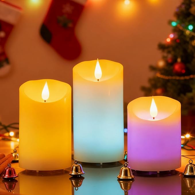 Flameless LED Color Changing Candles, Battery Operated Candle with Remote Control and Timer, Realistic Flame, Dimmable, Pillars for Christmas Party Decoration, D3''xH4''5''6'', 3Pcs