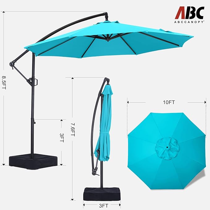 ABCCANOPY 10FT Cantilever Patio Umbrella with base included, 360° Rotation Outdoor Offset Umbrella Bonus Fix Frame & Weights Bag for Backyard, Deck, Poolside (Turquoise)