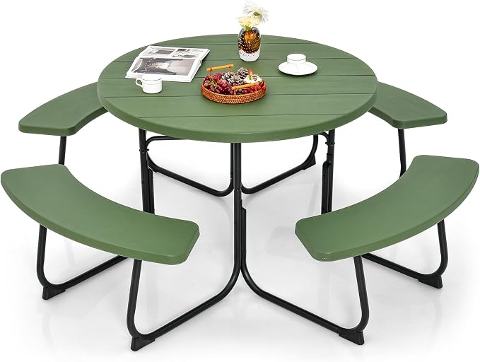 Giantex Picnic Table Set for Up to 8 Persons, Round Outdoor Table and Bench Set with Umbrella Hole, HDPE Top & Metal Frame, 2000LBS Capacity, Patio Table Bench for Deck Backyard Garden (Green)