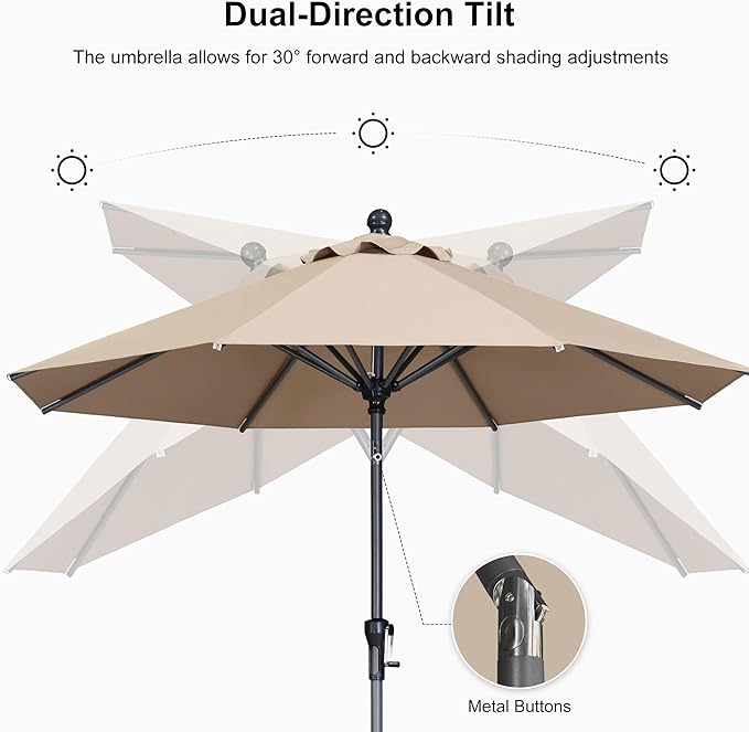 PURPLE LEAF 9' Round Patio Umbrella Outdoor Table Umbrella Aluminum Frame Market Umbrella Sun Umbrella with 8 Sturdy Ribs Tilt for Garden Deck Lawn Pool Taupe