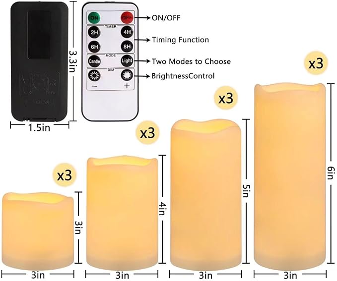 Enpornk Flameless Battery Operated Outdoor Waterproof Set of 12(D: 3" x H: 3" 4" 5" 6") Pillar LED Candles with 10-Key Remote and Cycling 24 Hours Timer