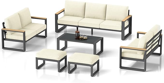 RoyalCraft Aluminum Patio Furniture, 6 Piece Metal Outdoor Furniture Set with Coffee Table & Ottomans, Modern Patio Sofa Sets Outdoor Conversation Set for Pool Garden Porch Backyard, Beige