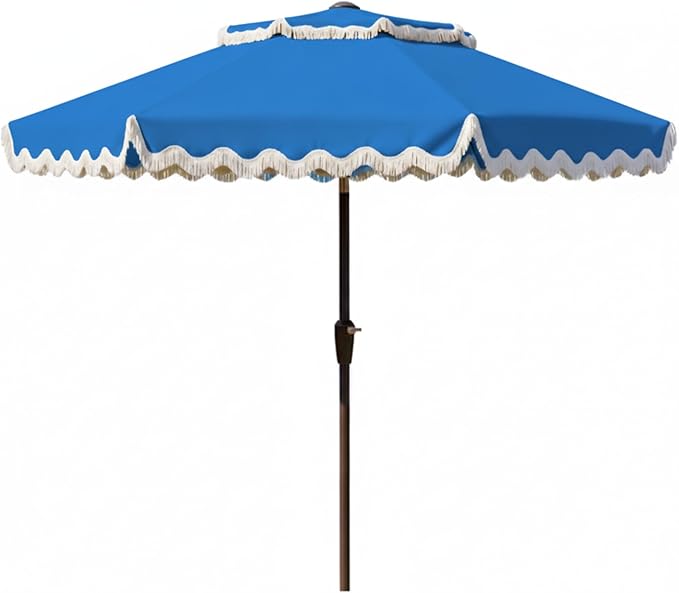 9FT Patio Umbrella with Fringe,Tassel Umbrella with Push-Button Tilt | UPF 50+ & Rust-Resistant Fiberglass Frame for Patio, Pool,Garden,Yard(Royal Blue)