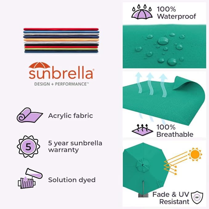 Midtown Umbrellas 10 Ft Outdoor Cantilever Patio Umbrella w/Sunbrella Canvas Teal Fabric - 360° Rotate Offset Patio Umbrella, Deck Patio Umbrella, Backyard Umbrella & Garden Umbrella - Silver Frame