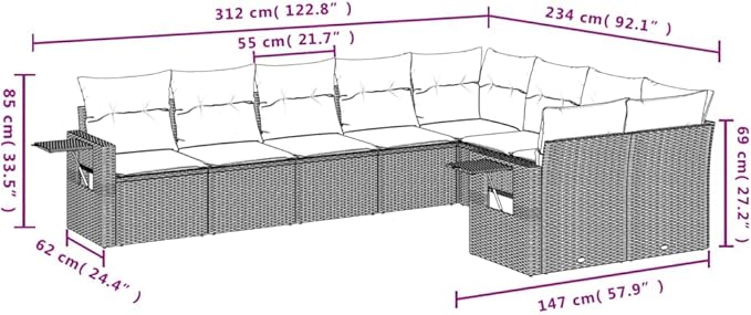 9 Piece Patio Sofa Set with Cushions, Patio Conversation Set Porch Furniture Set Outdoor Dining Sets Front Porch Furniture for Exhibition Garden Negotiation Area Poolside Black Poly Rattan
