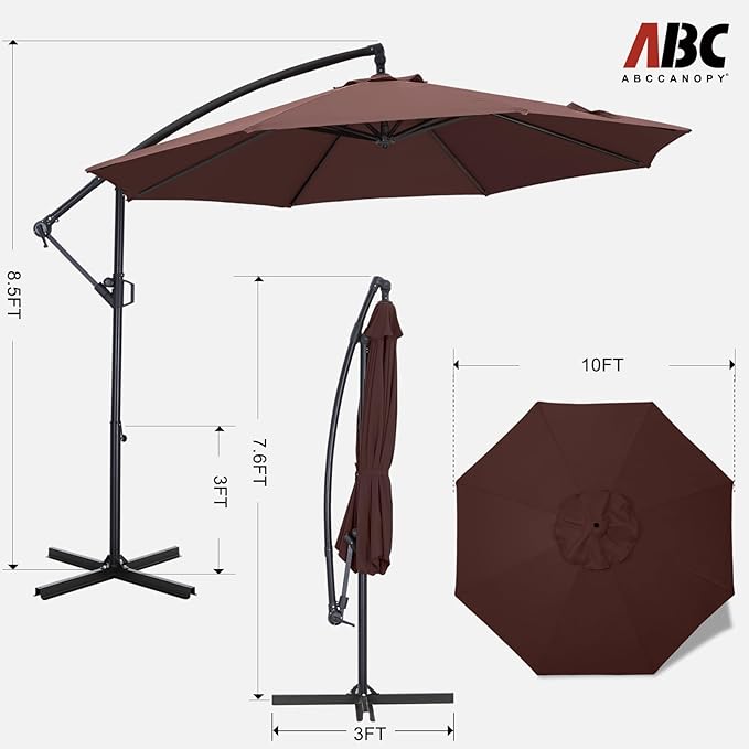 ABCCANOPY 10FT Cantilever Patio Umbrella with base included, 360° Rotation Outdoor Offset Umbrella for Backyard, Deck, Poolside (Brown)
