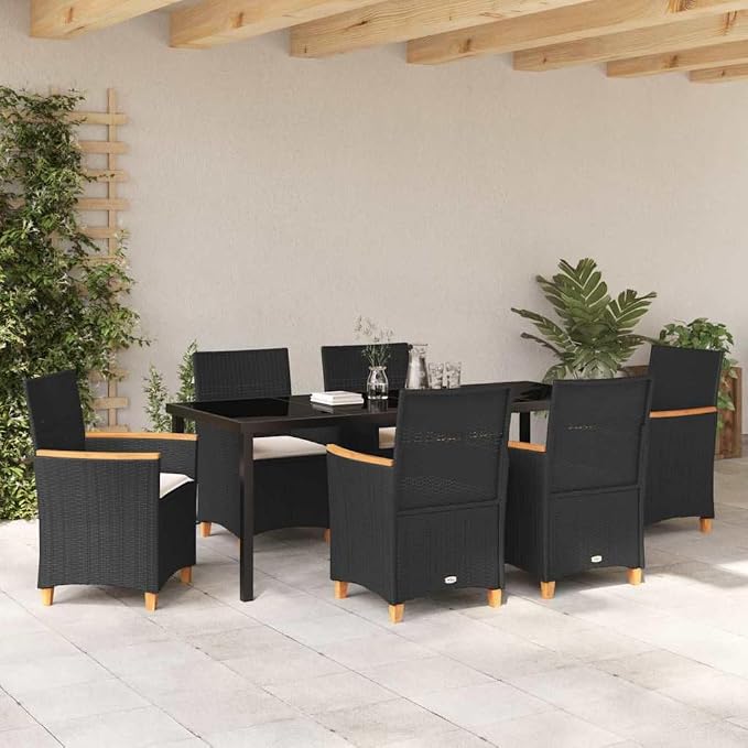 7-Piece Outdoor Dining Set, Black Poly Rattan Patio Furniture with 6 Chairs and Glass Tabletop for Garden, Backyard, and Terrace