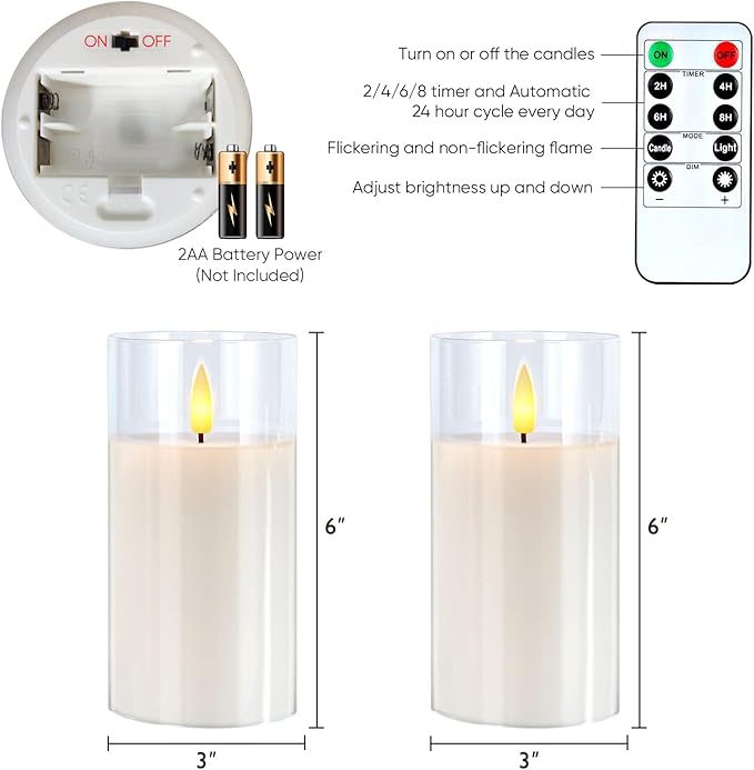 5plots Clear Glass Flameless Candles with Remote Timer, Set of 2, White LED Real Wax Glass Pillar Candles Warm Flickering Light for Indoor Home & Wedding Decor D3 x H6 6"