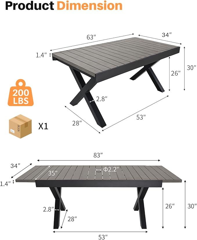 Expandable Outdoor Dining Table for 8 Person, Never-Rust Aluminum Patio Dining Table, 63''-83'' Extendable Dining Table with Umbrella Hole for Backyard Deck Indoor or Outdoor Meals, Limed Oak