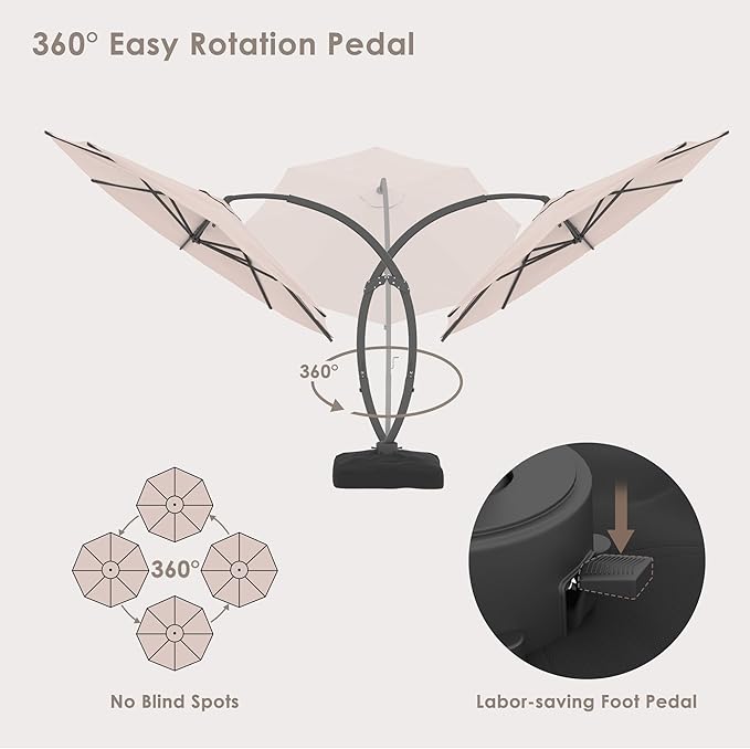 ENSTVER 11FT Solar Powered LED Light Cantilever Patio Umbrella With Base Included, Round Large Aluminum Outdoor Cantilever, Heavy Duty Offset Umbrella with 360°Rotation for Pool, Deck, Backyard