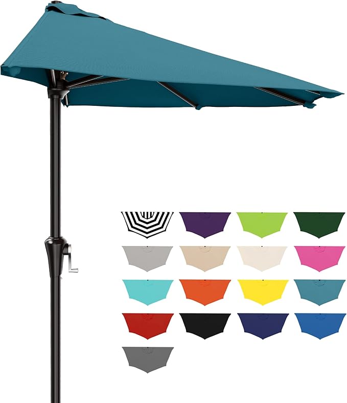 AreShark 9FT Half Patio Umbrella, Outdoor Wall Umbrella with Crank & 5 Sturdy Ribs, Table 1/2 Umbrella Patio for Garden, Deck, Balcony and Pool, Lake Blue