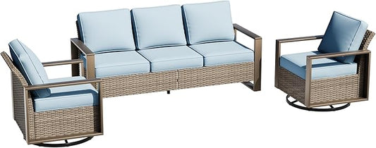 Wicker Patio 75" Sofa Set with 2 Swivel Chairs, All Weather Rattan Outdoor Conversation Furniture Set with Wood-Looking Metal Armrest & Removable Cushions for Backyard Porch, Baby Blue