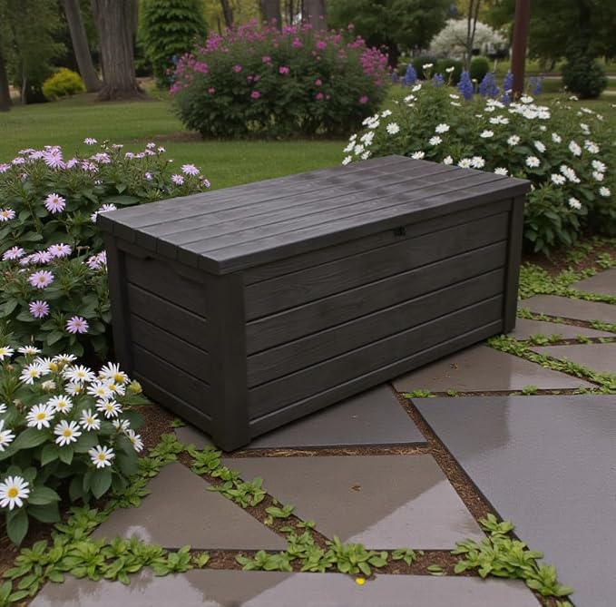 Outdoor Deck Box Storage, 150 Gallon, Brown Wood Grain, Polypropylene Resin, 61x28.34x25.19 Inches, Bench Seating 660 lbs Capacity