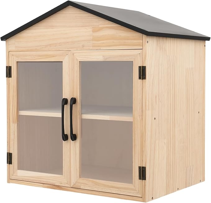Outdoor Wooden Book Cabinet with 4 Compartments and 2 Doors, 19.6" H x 14.2" W x 25.2" L Small House-Shaped Bookshelf, Book Box Storage for Home, School, Community (Wood Color + Black)