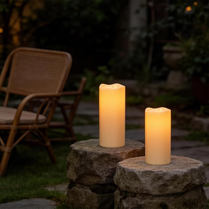 Eldnacele Large Outdoor Solar Flameless Candles Waterproof, 4" x 8" 10", Solar Powered Dusk to Dawn Plastic LED Flickering Pillar Candles Garden Patio Lanterns Wedding Holiday Decor(2 Pack White)