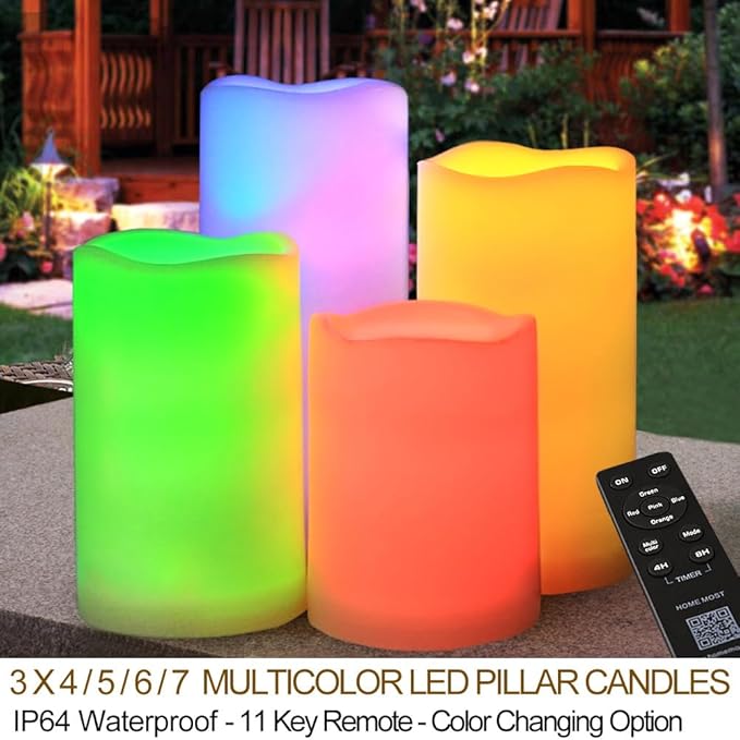 Set of 4 Multicolor LED Pillar Candles Outdoor IP64 Waterproof 3x4 3x5 3x6 3x7 - Color Changing Pillar Candles Battery Powered - Unscented LED Candles Assorted Colors with Timer and Remote