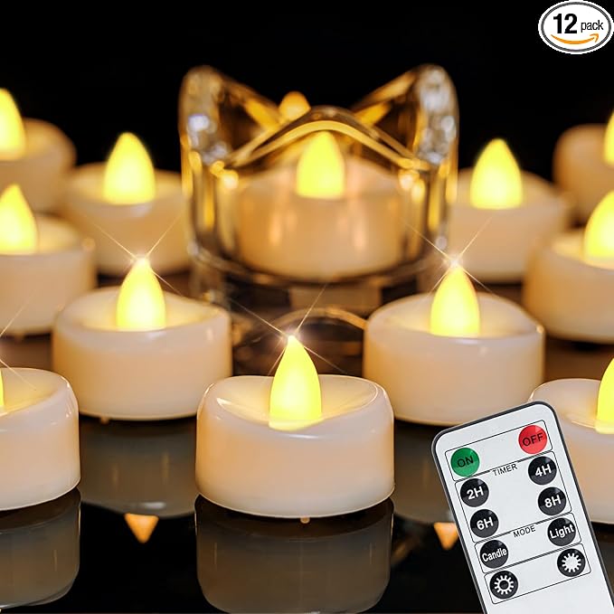 merrynights Remote Candles, 12PCS Flameless Tea Lights Candle Battery Operated with Timer, 400+Hours Remote Control LED Tea Lights Votive Candle for Holiday Table Centerpieces Decor