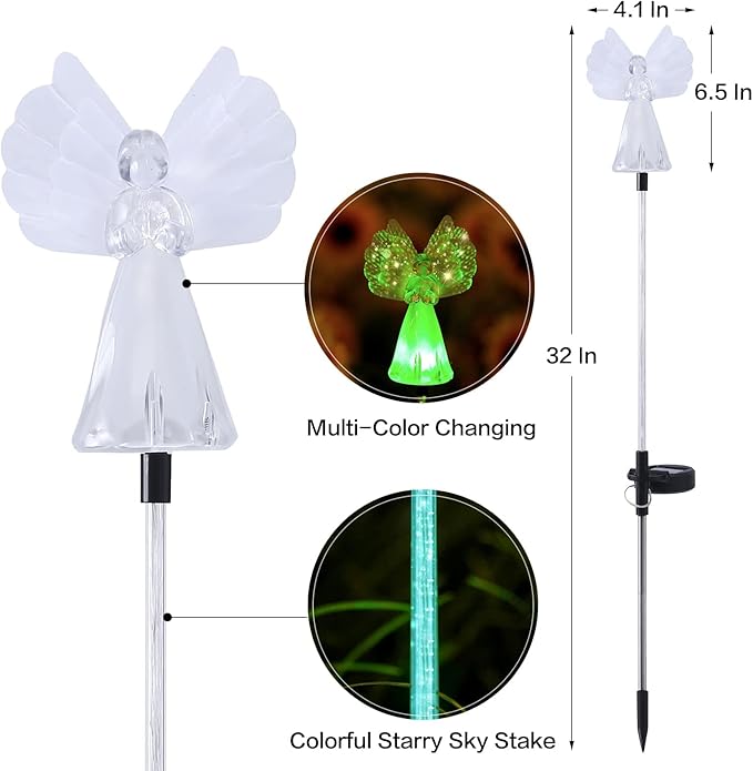 Outdoor Solar Garden Lights,2 Pack Solar Angel Decorative Lights, IP67 Waterproof Color Changing LED Solar Outdoor Lights,Solar Stake Lights for Cemetery Grave Garden Patio Yard Lawn Decoration
