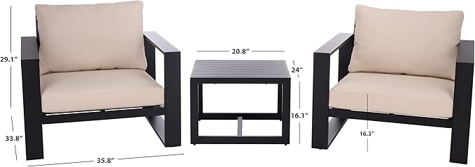 SAFAVIEH Outdoor Patio Furniture Collection – Fash Black & Taupe Cushion 3-Piece Living Set, Modern Outdoor Chairs & Slatted Square Table (PAT7552A)
