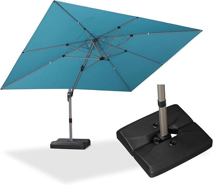 PURPLE LEAF 9' x 11' Patio Umbrella with Base Cantilever Umbrella Rectangular Outdoor Offset Umbrella with Champagne Frame and 360° Rotation for Garden Deck Pool, Turquoise Blue