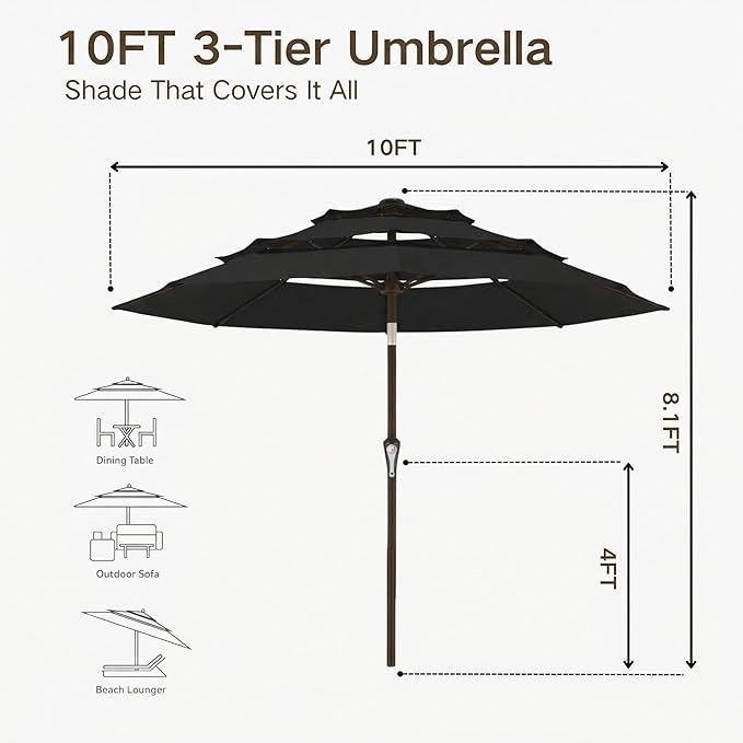 Kingdura 10ft 3-Tier Patio Umbrella, Outdoor Table Umbrella with Easy Crank & Tilt, 8 Reinforced Ribs, UV Protection for Deck, Pool, Market, Backyard (Black)