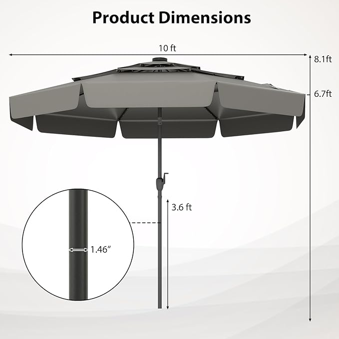 Tangkula 10 FT Solar LED Patio Umbrella, 3-Tiers Scalloped Outdoor Table Market Umbrella with 32 LED Lights, Tilt Adjustment, Crank, 8 Sturdy Ribs for Pool, Deck, Backyard (Gray)