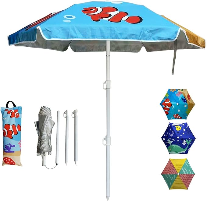 LOTTAFUN Water Table Umbrella Kid 5ft Beach Umbrella Diameter 0.99-1.2 inches Pole UV 50+ Portable Sun Shade with Sand Anchor & Carry Bag, Outdoor Folding Umbrella for Beach,Pool,Patio,Garden (Fish) NO Tilt The sand needs to be over 5 inches above the ...