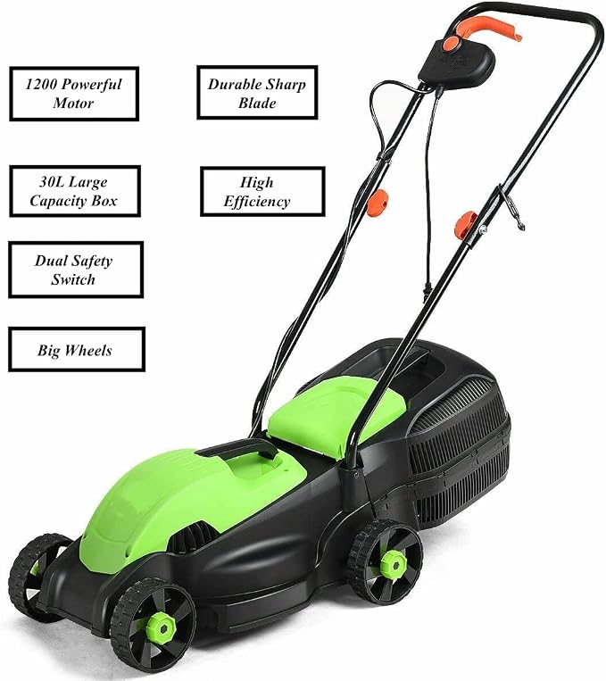 Green 12 Amp 14 Inch Corded Electric Push Lawn Mower Electric Grass Trimmer with Grass Collection Box 1200W Powerful Motor 3 Cutting Height Easy Push Button Start Ergonomic Curved Handle