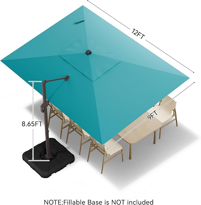 9x12 FT Cantilever Patio Umbrella, Large Rectangular Offset Outdoor Umbrella with 360° Rotation, Heavy Duty Shade Umbrella for Garden Backyard Deck Poolside Courtyard, Turquoise