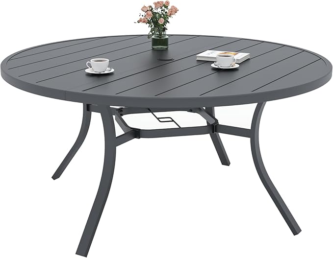 Anmutig Large Outdoor Patio Chairs and Table Set for 6 Person with 54" Round Dining Table and Stackable Navy Blue Textilene Chairs