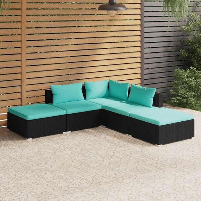5 Piece Patio Lounge Set with Cushions, Sectional Sofa Porch Furniture Set Outdoor Dining Sets Patio Conversation Set for Piazza Exhibition Poolside Negotiation Area Poly Rattan Black