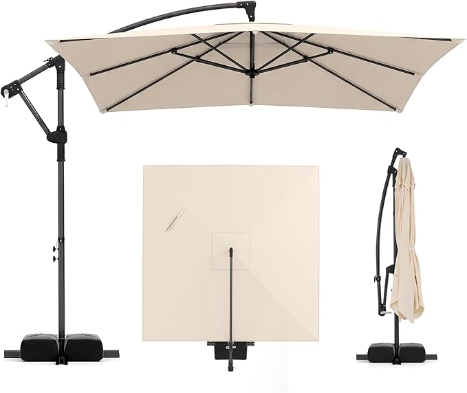 Tangkula 8x8 FT Patio Umbrella with Base Included, Square Offset Cantilever Outdoor Umbrella with 360 Degree Rotation, Crank Handle, Sandbags, 8 Ribs for Pool Deck Garden Backyard