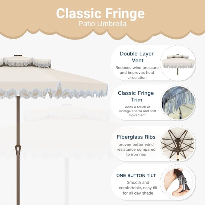 Patiokingdom 9FT Patio Umbrella with Fringe,Tassel Umbrella UPF 50+ & Push-Button Tilt,Rust-Resistant Fiberglass Frame for Pool,Garden,Backyard,Yard (Creamy-white)