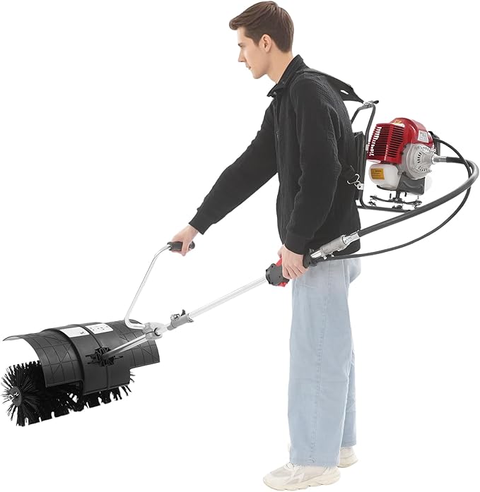 52CC 2 Stroke Gas Backpack Broom Sweeper, 2.3HP 1700W Artificial Grass Brush Gasoline Powered Broom with 33.8oz Fuel Tank, Portable Lawn Sweeper Machine for Riveways, Lawns, Walkways