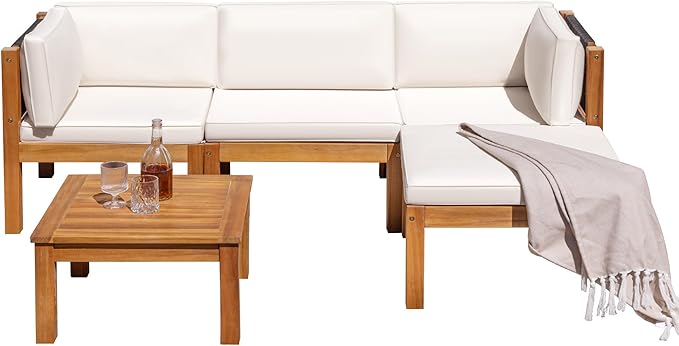 Greesum 5 Pieces Patio Furniture Set Acacia Wood Outdoor Conversation Sets with Tea Table for Garden Porch and Backyard, Beige