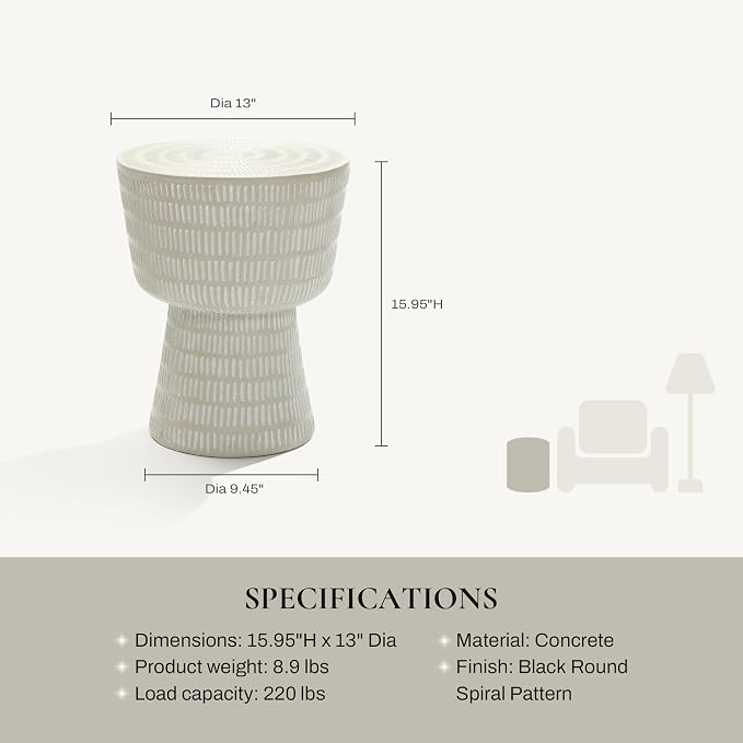 LuxenHome Outdoor Side Table, 15'' Off White Round Spiral Pattern Accent End Table, Indoor Outdoor Coffee Tables for Patio, Living Room, Backyard,Garden Stool and Plant Stand