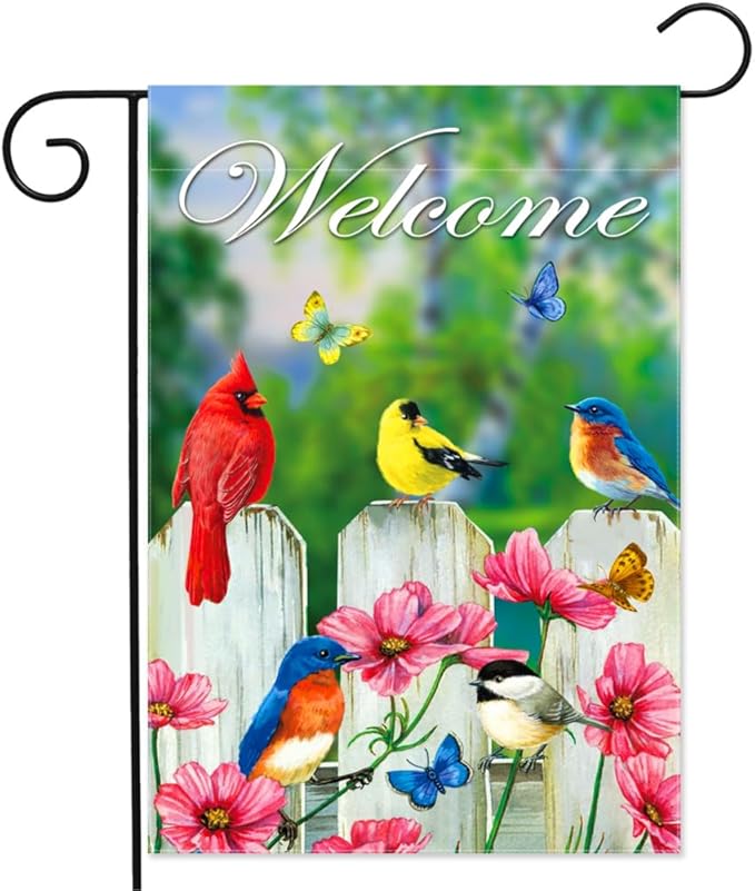 Welcome Friends Bird Garden Flag 12.5 x 18 Inch Double Sided Home Decor, Small Butterfly Colorful Floral House Outside Outdoor Spring Summer Burlap Banner Yard Flag Decoration