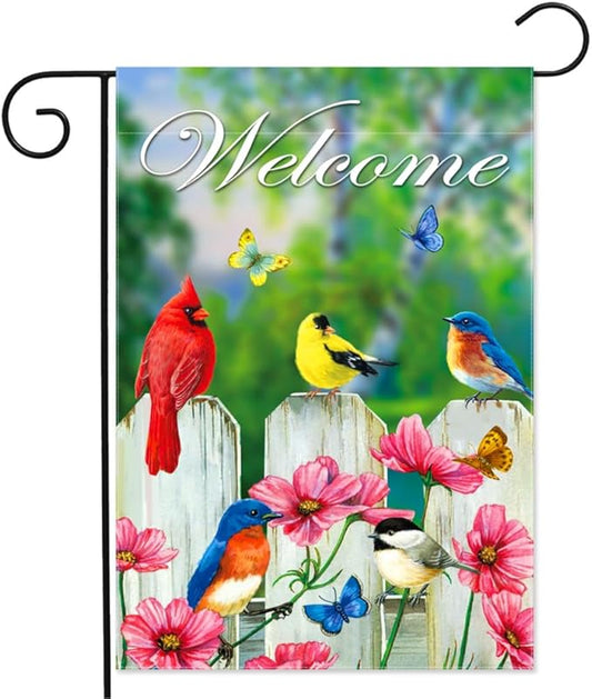 Welcome Friends Bird Garden Flag 12.5 x 18 Inch Double Sided Home Decor, Small Butterfly Colorful Floral House Outside Outdoor Spring Summer Burlap Banner Yard Flag Decoration